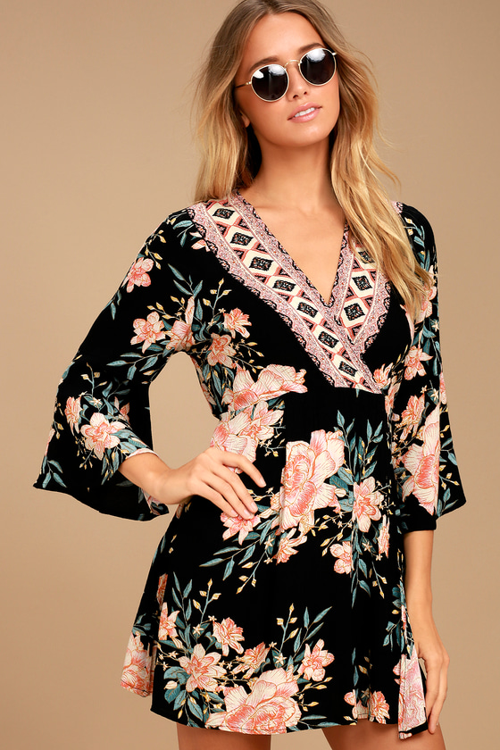 Billabong Divine - Floral Print Dress - Wrap Dress - Bell Sleeve Dress -  Lulus